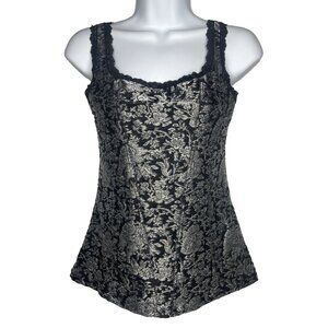 Vintage Y2K Cache Cami Camisole Tank Top Size S Black Silver Knit Floral Brocade